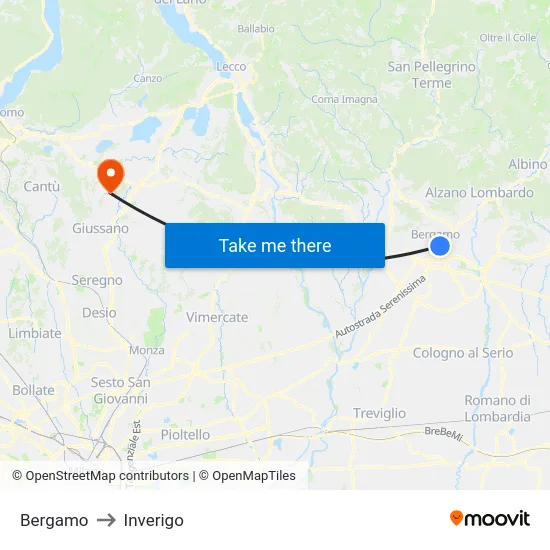 Bergamo to Inverigo map