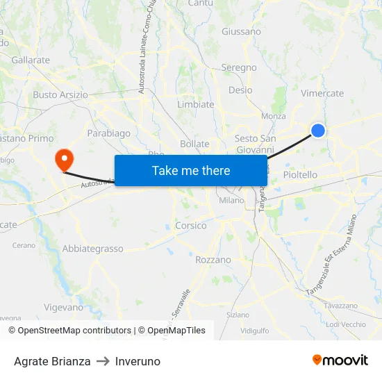 Agrate Brianza to Inveruno map