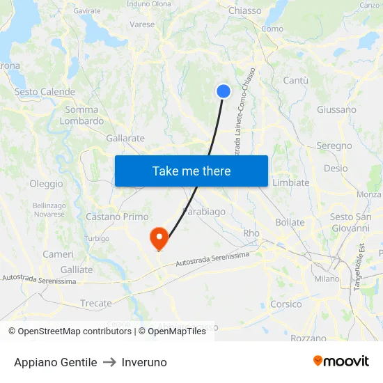 Appiano Gentile to Inveruno map