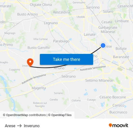 Arese to Inveruno map