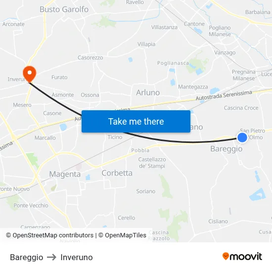 Bareggio to Inveruno map