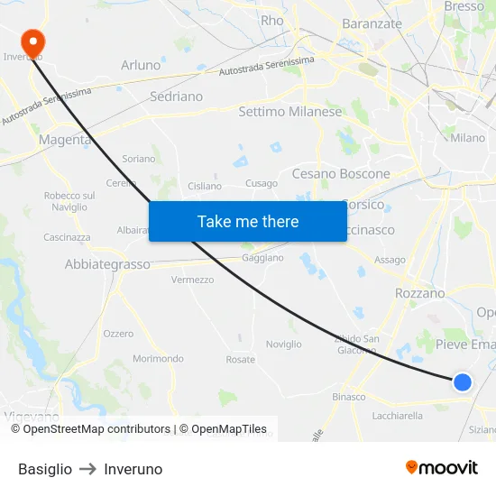 Basiglio to Inveruno map