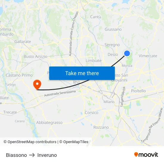 Biassono to Inveruno map