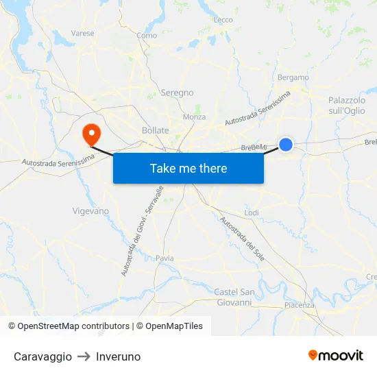 Caravaggio to Inveruno map