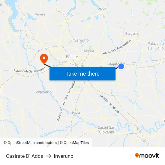 Casirate D' Adda to Inveruno map