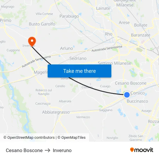 Cesano Boscone to Inveruno map