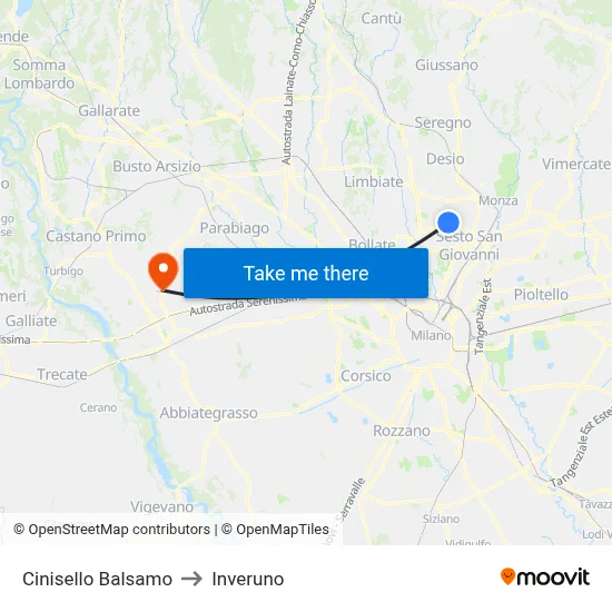 Cinisello Balsamo to Inveruno map