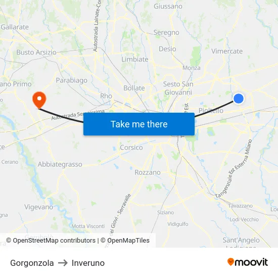 Gorgonzola to Inveruno map
