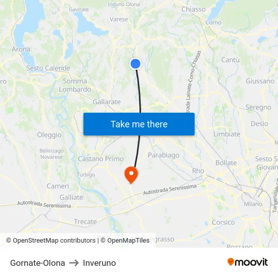 Gornate-Olona to Inveruno map