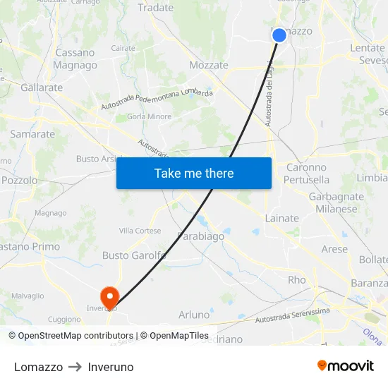 Lomazzo to Inveruno map