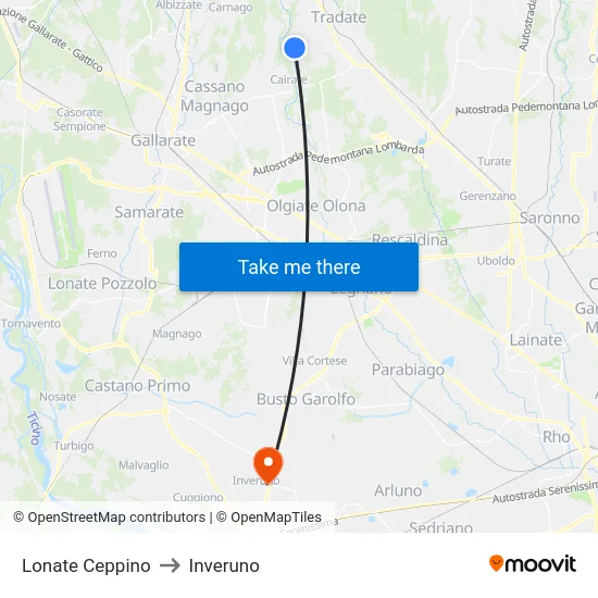 Lonate Ceppino to Inveruno map