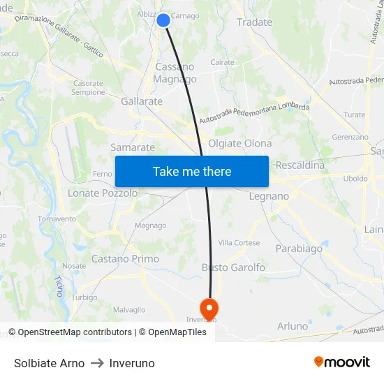 Solbiate Arno to Inveruno map