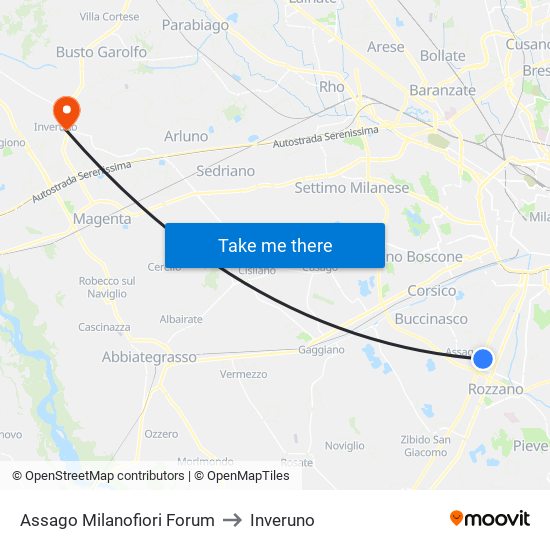 Assago Milanofiori Forum to Inveruno map