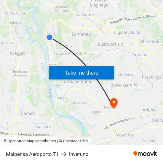 Malpensa Aeroporto T1 to Inveruno map