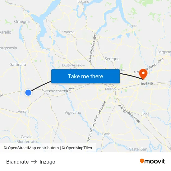Biandrate to Inzago map