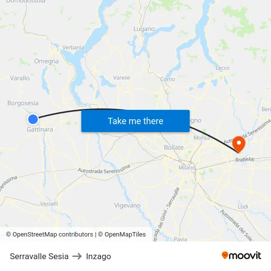 Serravalle Sesia to Inzago map