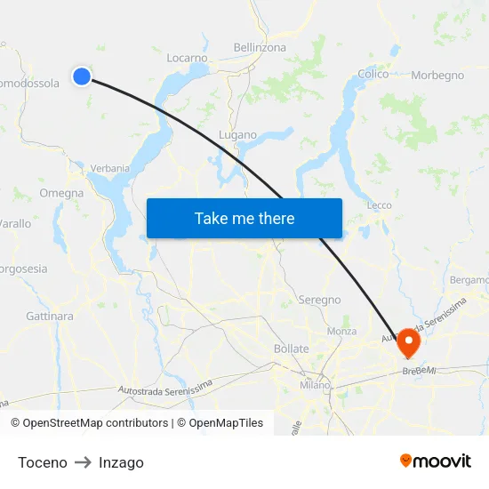 Toceno to Inzago map