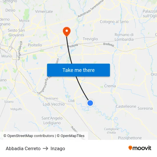 Abbadia Cerreto to Inzago map