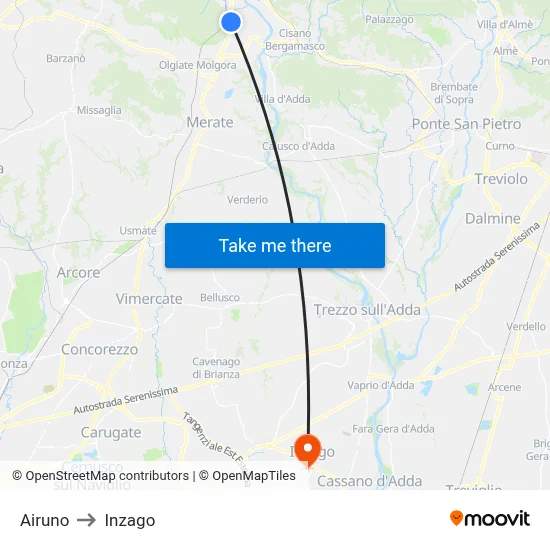 Airuno to Inzago map