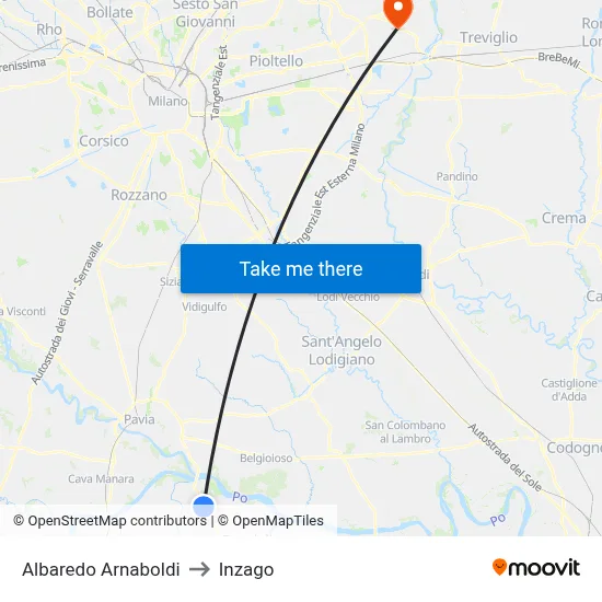 Albaredo Arnaboldi to Inzago map