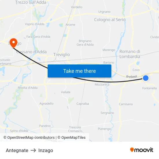 Antegnate to Inzago map