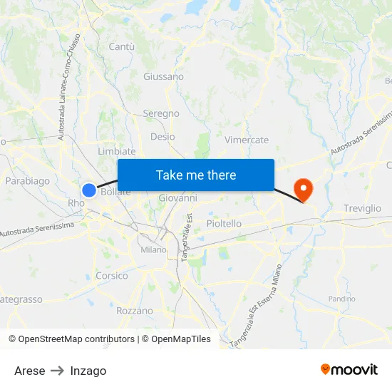 Arese to Inzago map