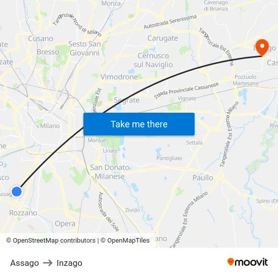 Assago to Inzago map