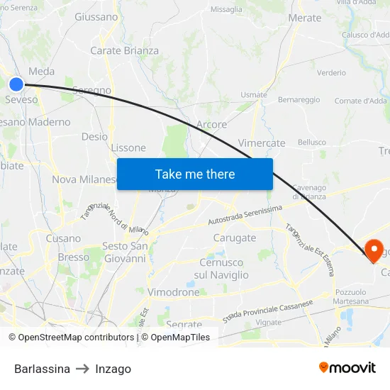 Barlassina to Inzago map