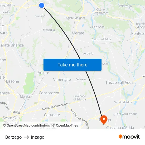 Barzago to Inzago map