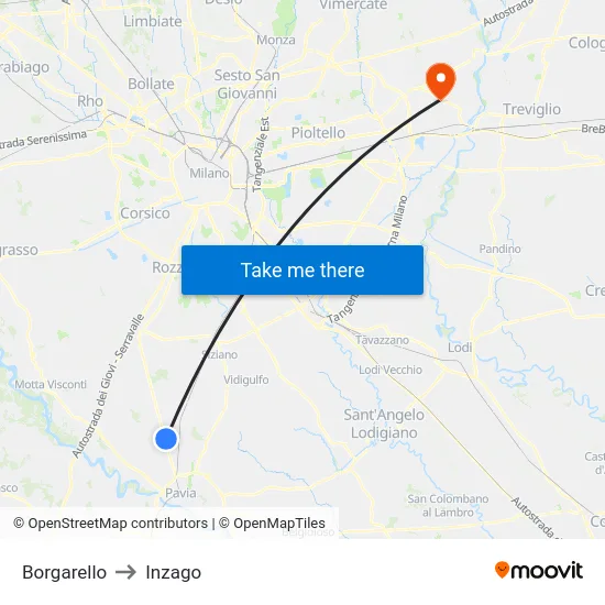 Borgarello to Inzago map