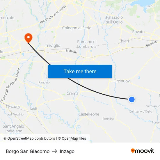 Borgo San Giacomo to Inzago map