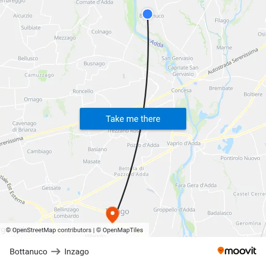 Bottanuco to Inzago map