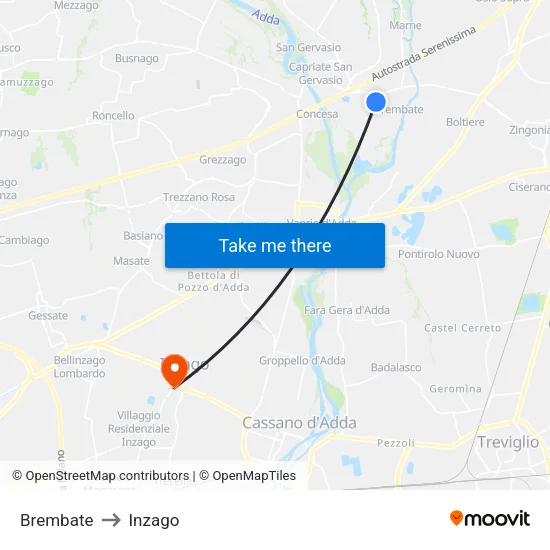 Brembate to Inzago map