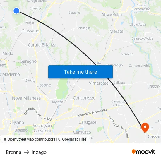 Brenna to Inzago map