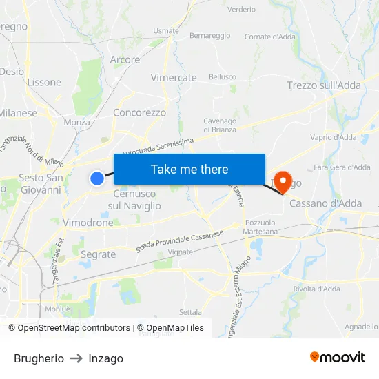 Brugherio to Inzago map