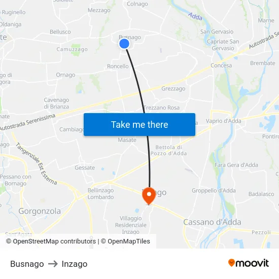 Busnago to Inzago map