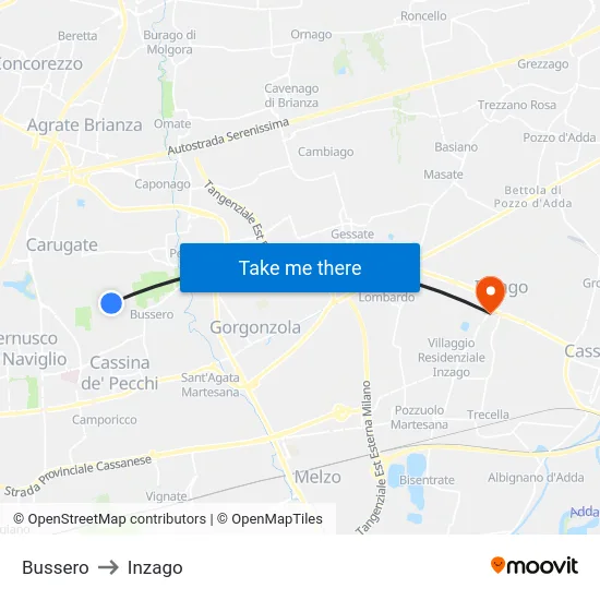 Bussero to Inzago map