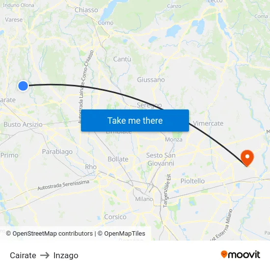 Cairate to Inzago map