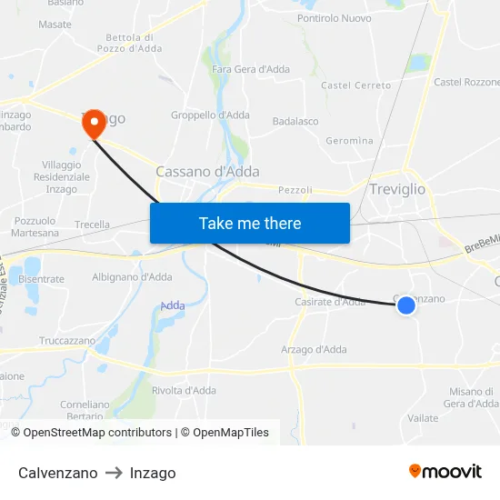 Calvenzano to Inzago map