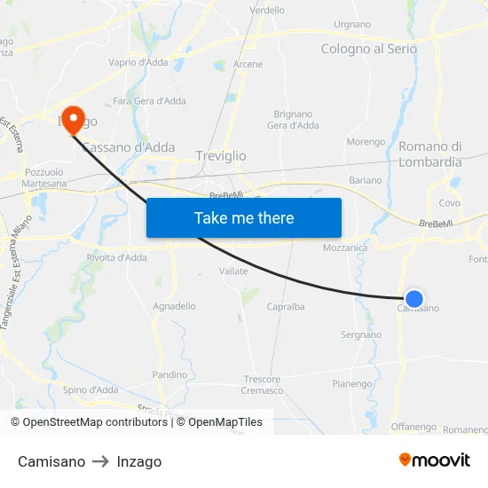Camisano to Inzago map