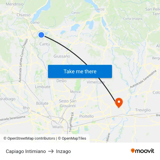 Capiago Intimiano to Inzago map