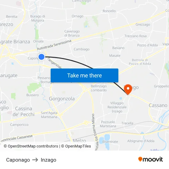 Caponago to Inzago map