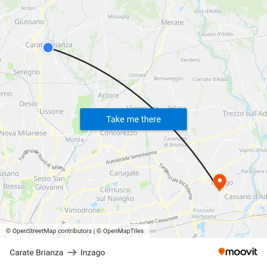 Carate Brianza to Inzago map