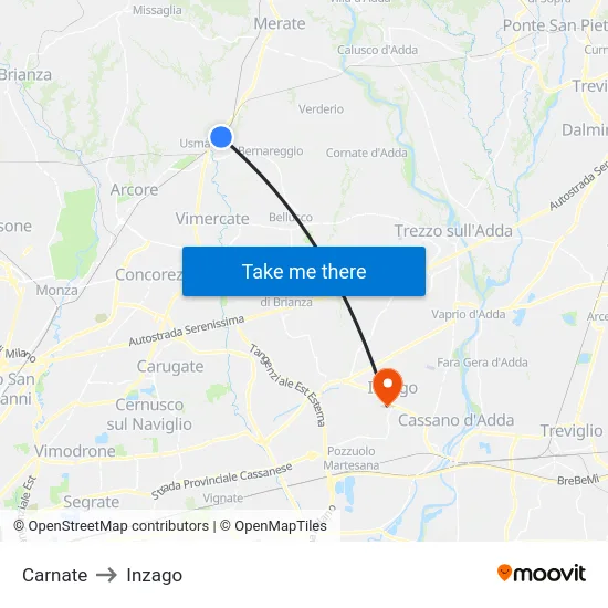 Carnate to Inzago map
