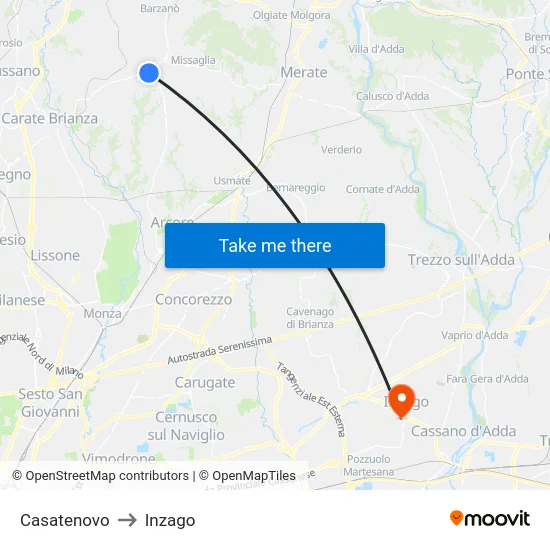 Casatenovo to Inzago map