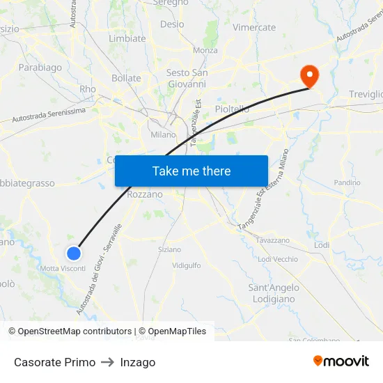 Casorate Primo to Inzago map