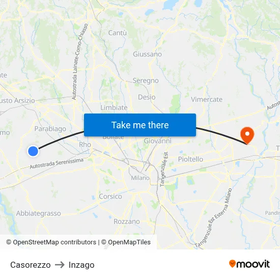 Casorezzo to Inzago map