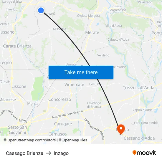 Cassago Brianza to Inzago map