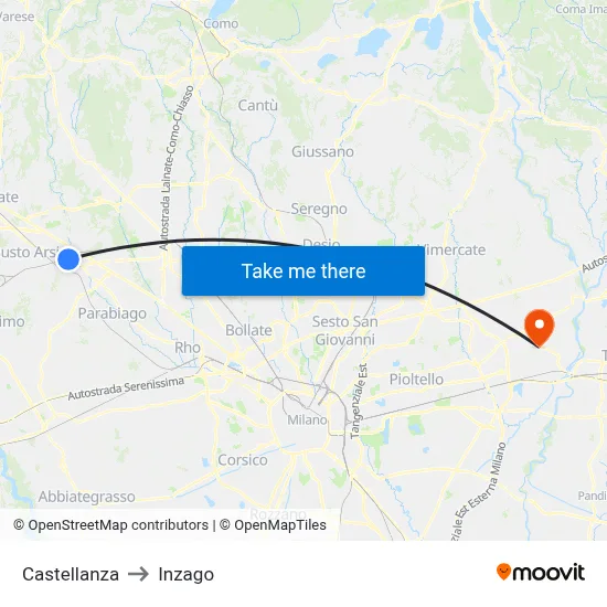 Castellanza to Inzago map