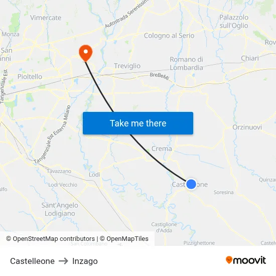 Castelleone to Inzago map